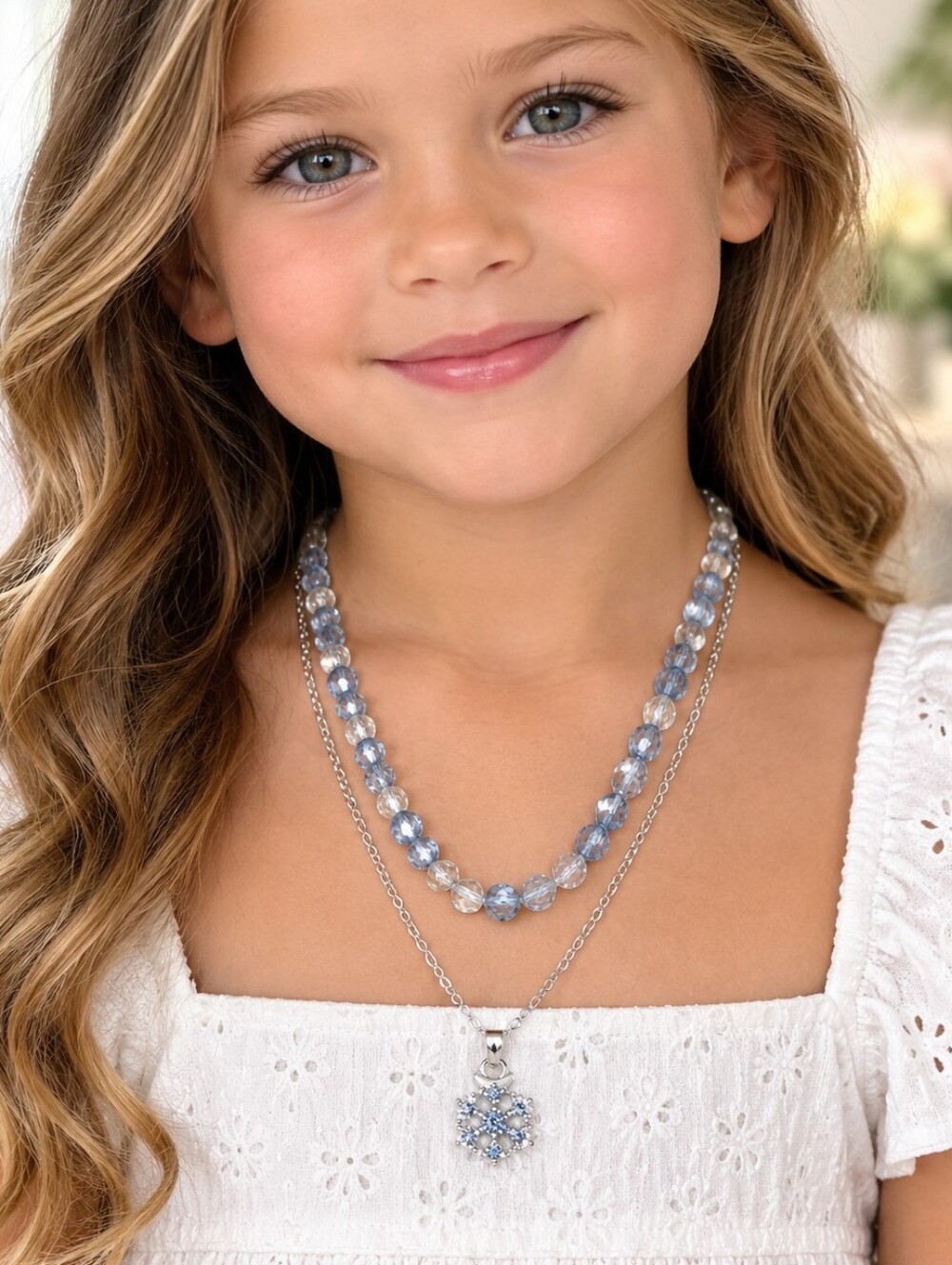 J Crew Crewcuts Kids Layered Crystal Beaded Snowflake Charm Silver Necklace